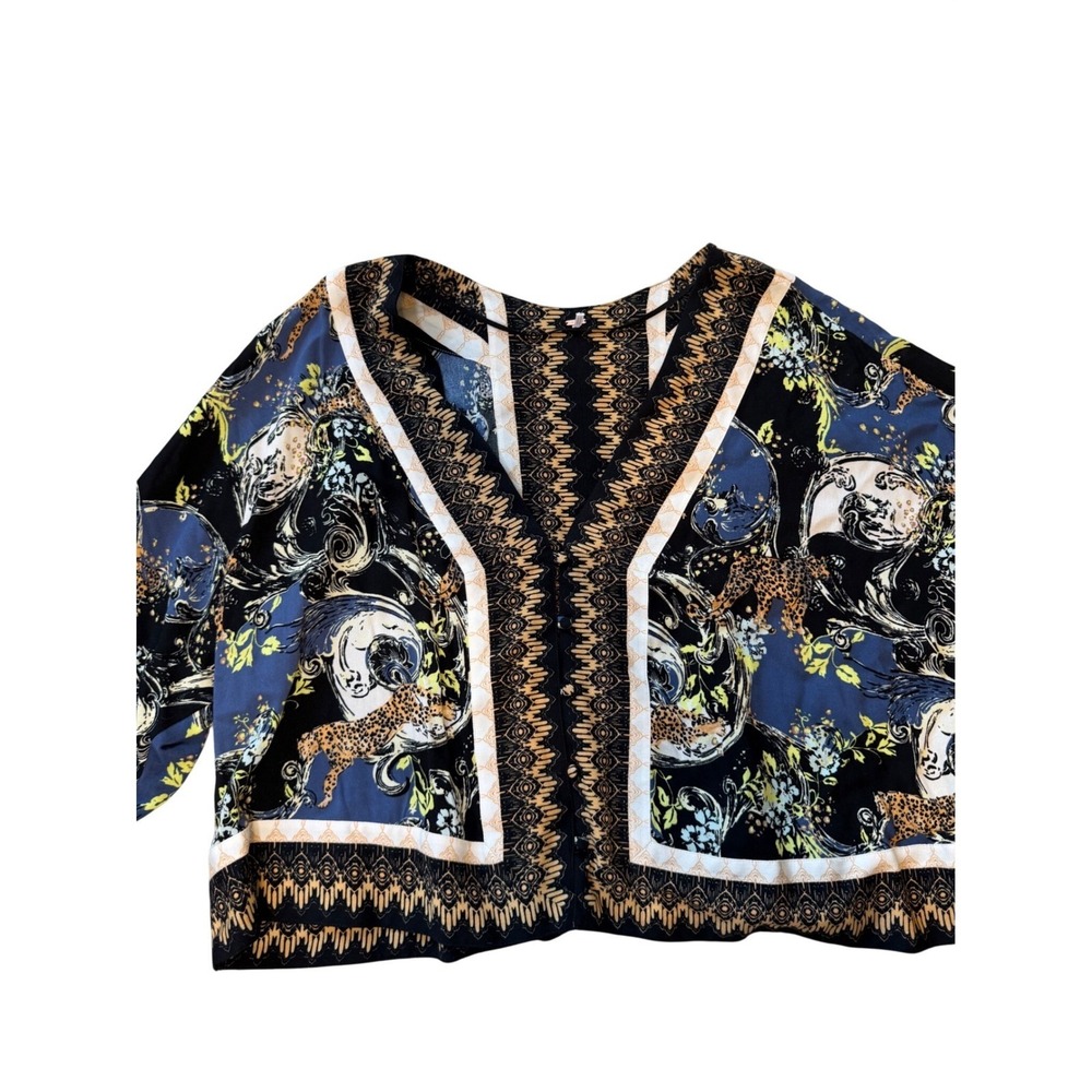 Free People Flowy Button Front Blouse Leopard Floral Geometric Black Medium - Picture 3 of 9